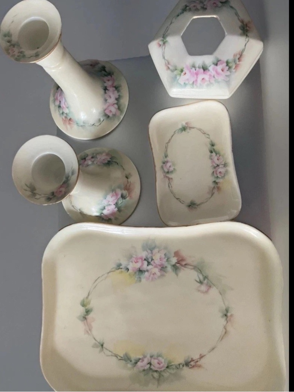 Limoges Hand-Painted Pink Floral Vanity Set Antique T&V 6 Pcs Candlesticks Tray